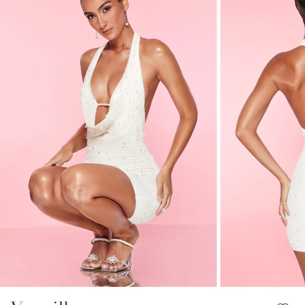 Oh Polly White Plunge Dress with Pearl Details